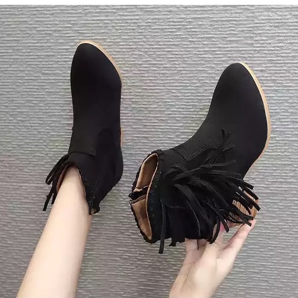Bohemian Fringe Black Vegan Suede Ankle Boots - Picture 2 of 9